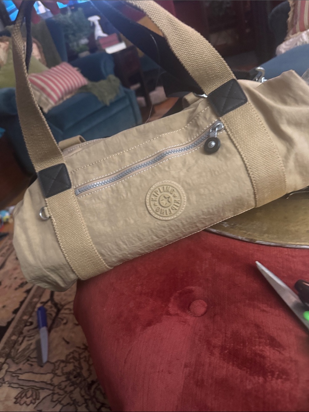 Kipling Khaki Canvas Duffel with Webbed Straps